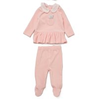J15500: Baby Girls Ribbed Velour Top With Padded Applique Bear In Pocket & Footed Trousers Outfit (3-6 Months)
